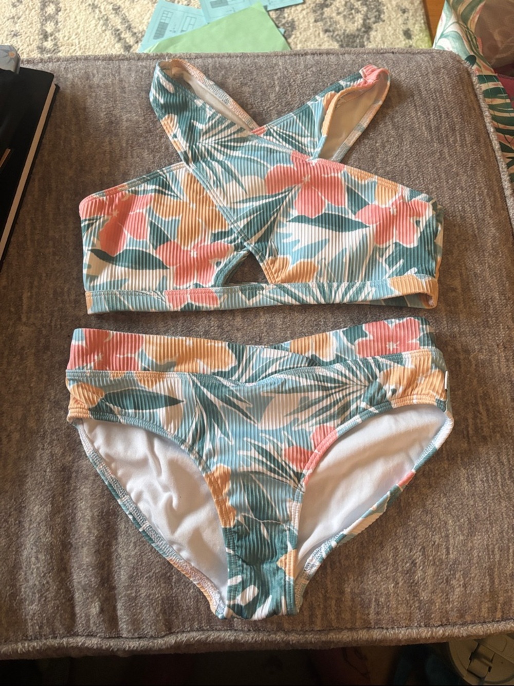 abercrombie kids Floral Ribbed Bikini Set in Teal, Coral & Yellow